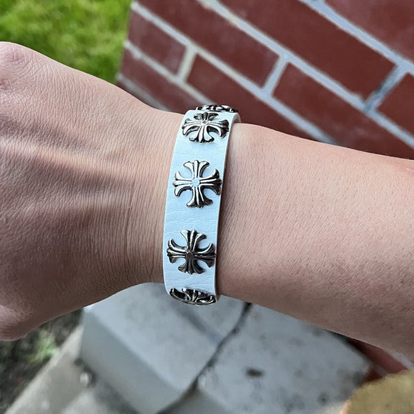 Leather Chrome Crossed Bracelet